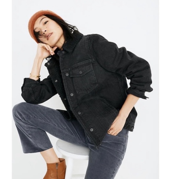Madewell Black Oversized Sherpa Lined Denim Jacket - Picture 2 of 9